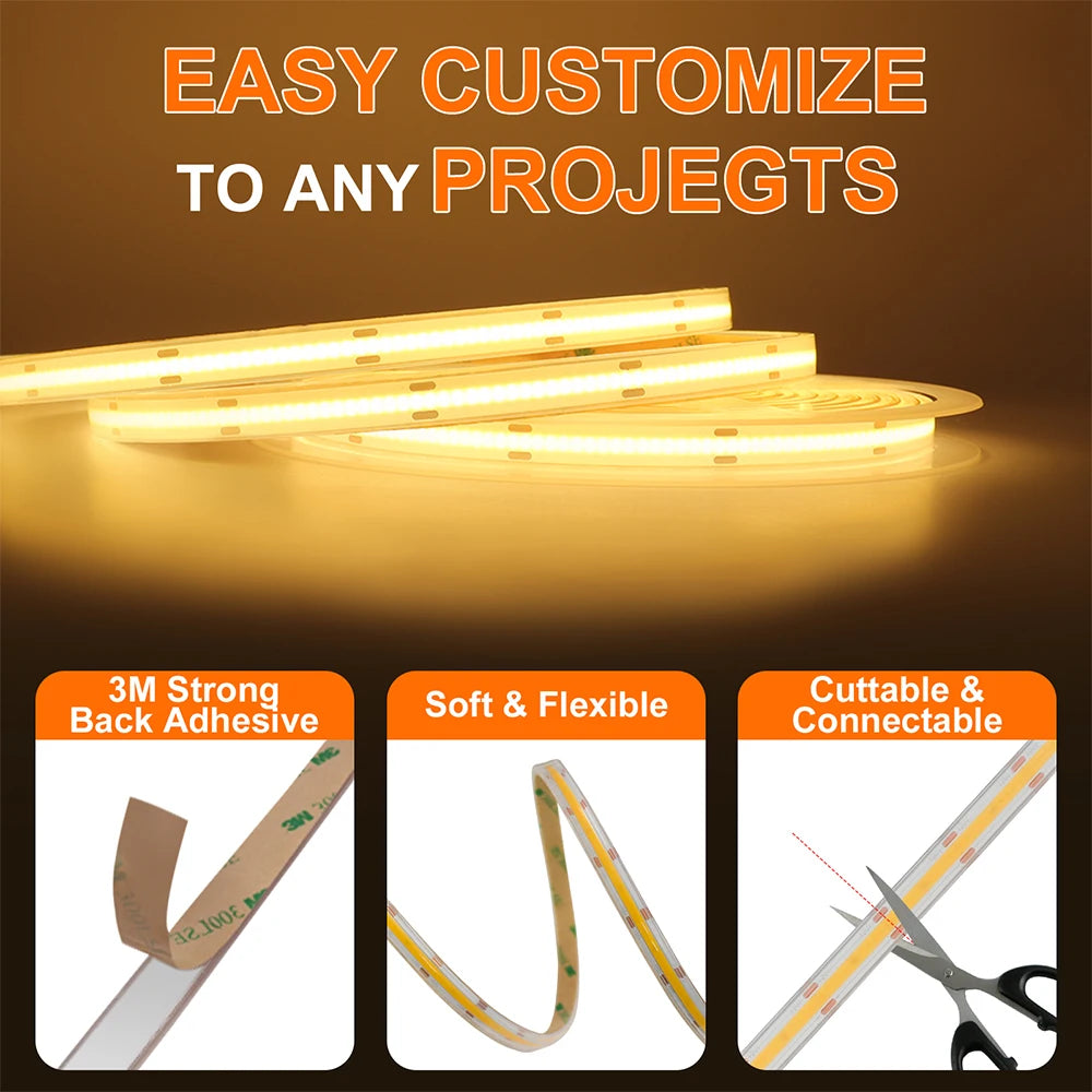 IP68 Waterproof COB LED Strip Lights - 1m, 3m & 5m
