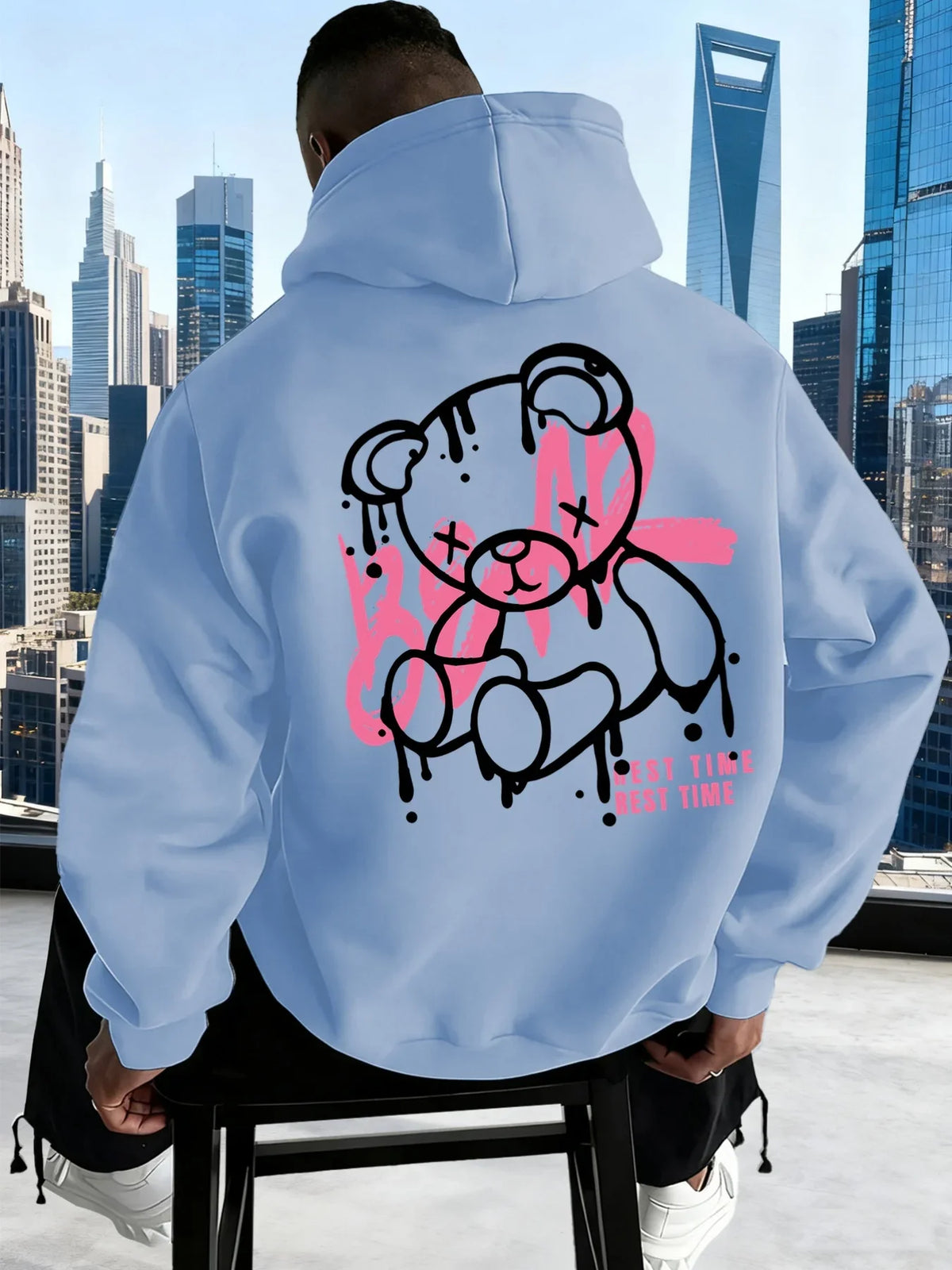 Men’s Oversized Doodle Bear Fleece Hoodie
