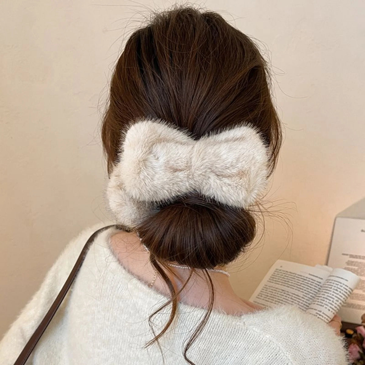 Fuzzy Bow Hair Claw Clip - Plush Winter Hair Grip
