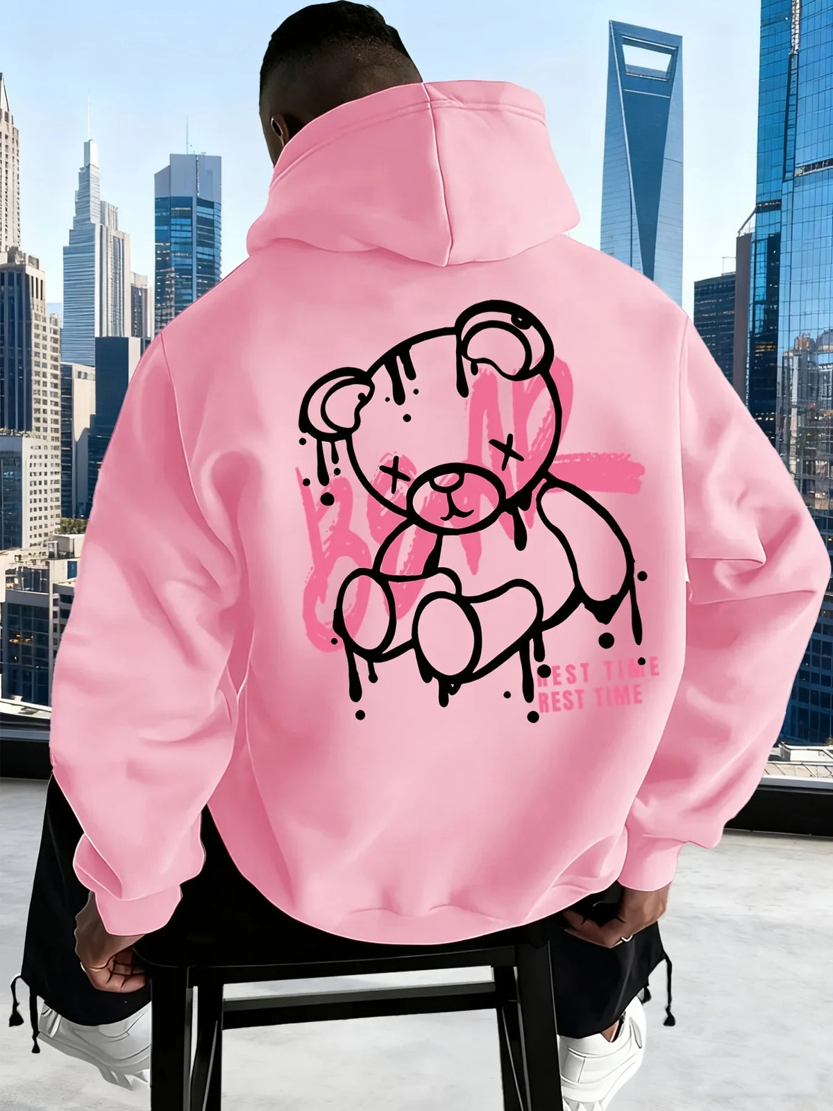 Men’s Oversized Doodle Bear Fleece Hoodie