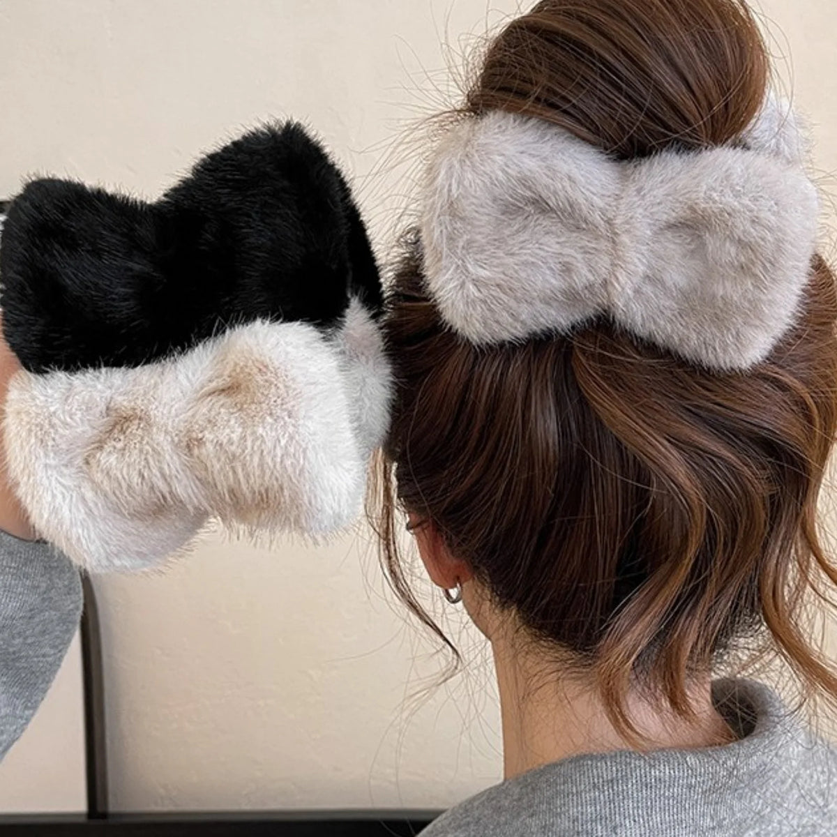 Fuzzy Bow Hair Claw Clip - Plush Winter Hair Grip