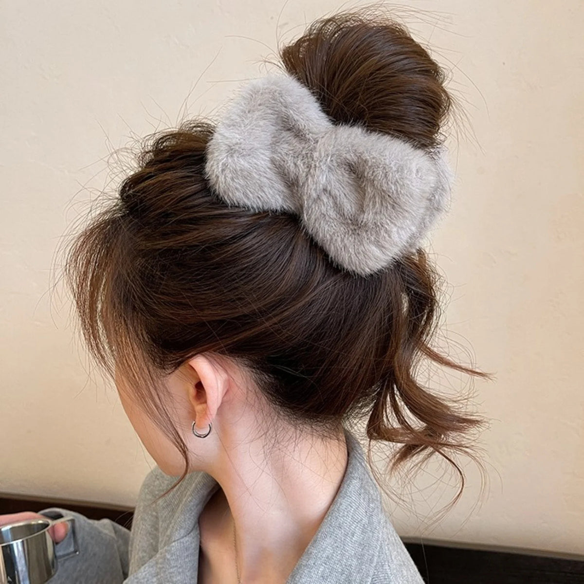 Fuzzy Bow Hair Claw Clip - Plush Winter Hair Grip