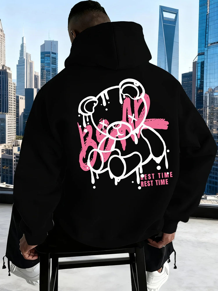 Men’s Oversized Doodle Bear Fleece Hoodie