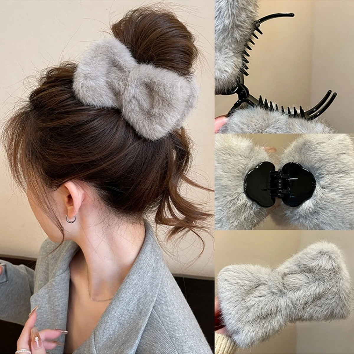 Fuzzy Bow Hair Claw Clip - Plush Winter Hair Grip