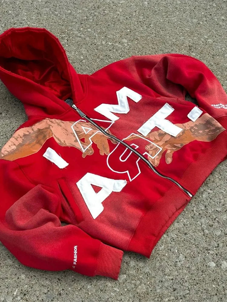 Relaxed-Fit Printed Zip-Up Hoodie