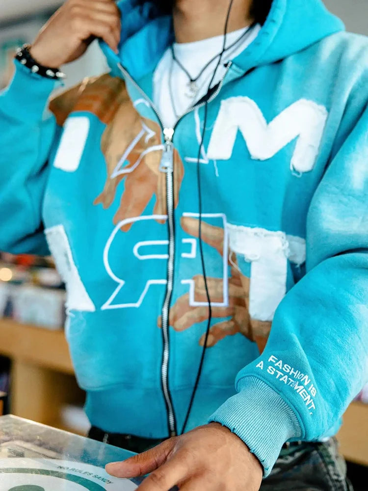 Relaxed-Fit Printed Zip-Up Hoodie